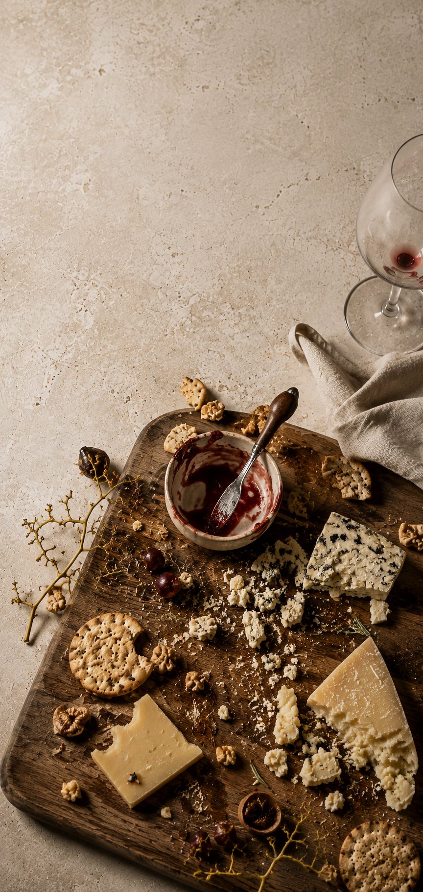 Overhead view of an artisan cheese board with wine and accompaniments