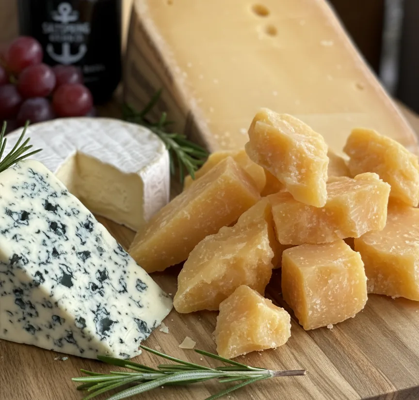 Aged cheeses, blue cheese and brie on a wooden board