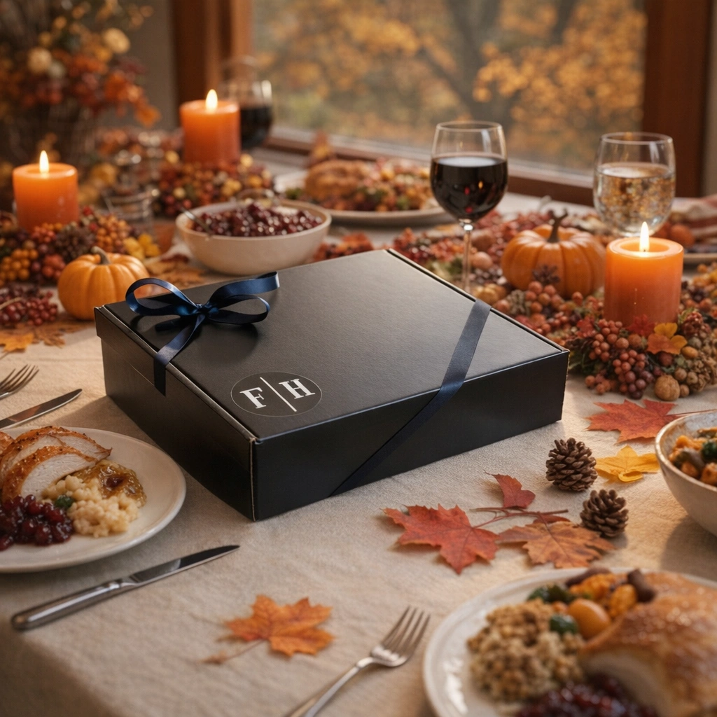 The Farmhouse Artisan Cheese Autumn Gift Box on a Thanksgiving table