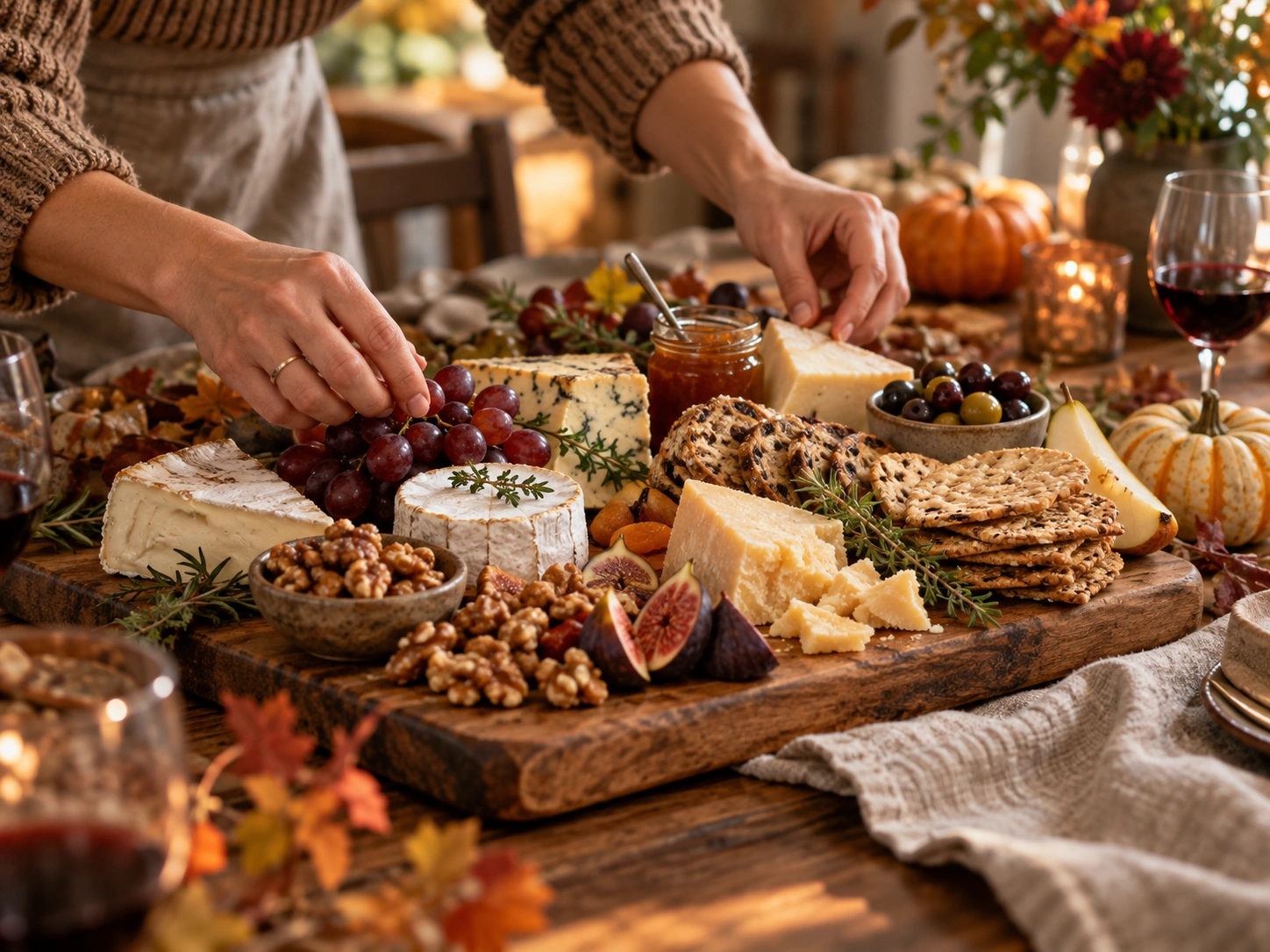 A generous autumn cheese board with a variety of artisan cheeses, ready for guests