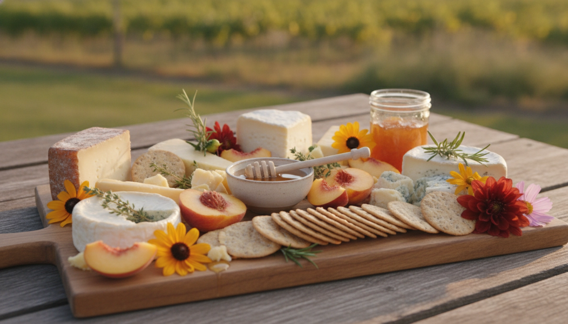 Ontario peaches, honey, maple syrup, craft cider, preserves, and artisan cheeses arranged on a rustic table