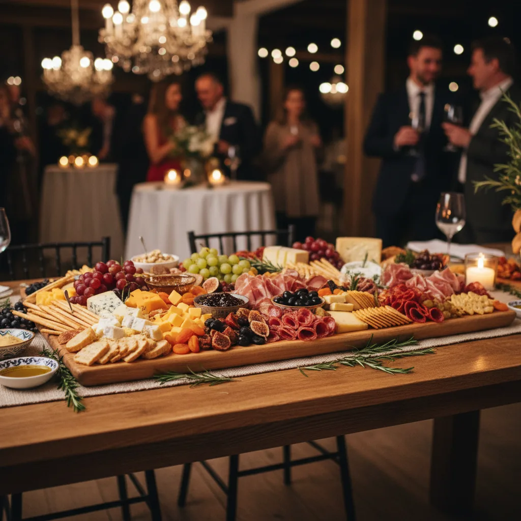 Charcuterie grazing table at an evening event
