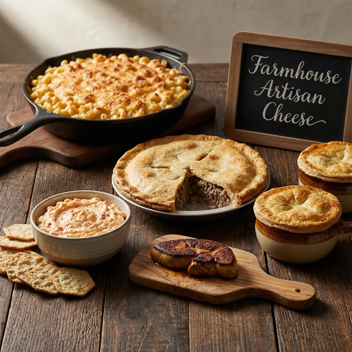 Housemade mac and cheese, savoury pies and pimento dip