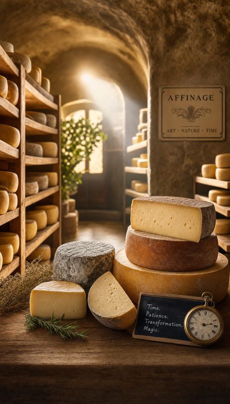 A cheese cave with wheels of artisan cheese aging on wooden shelves
