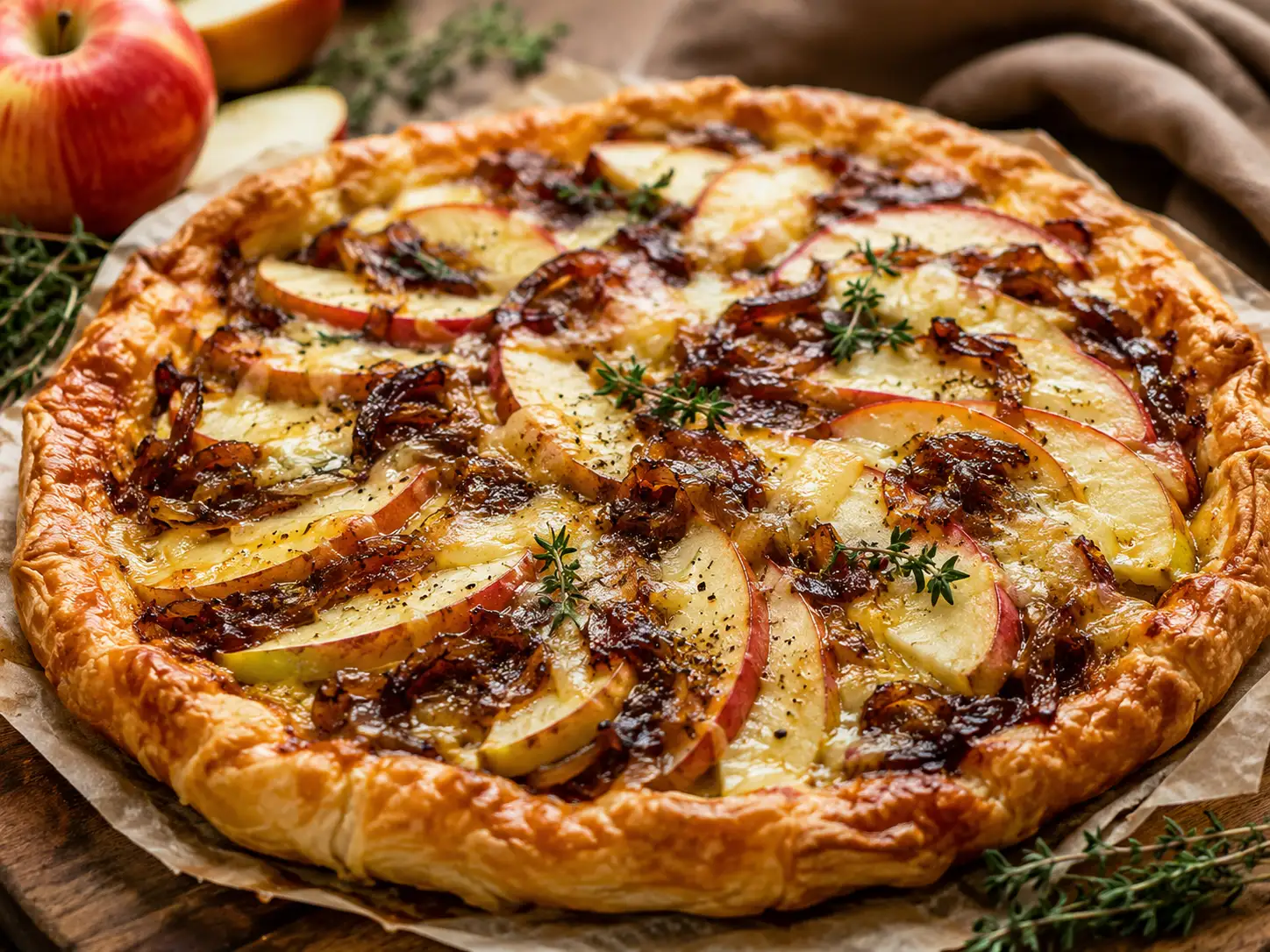 Apple, aged cheddar and caramelized onion tart